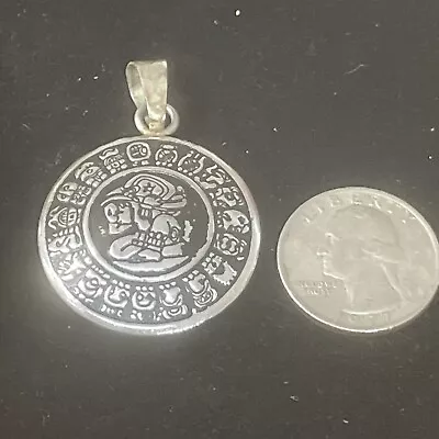 Vintage Sterling Silver 925 Mayan Calendar Pendant  2”  • $29.99