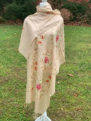 Fringed India Rebozo Pashmina Wrap Shawl Embroidered Sequins 5.5x2.2 Beige K99 • $23.90