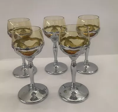 VTG Set/5 ￼Farberware Cambridge Cocktail Glasses Chrome Stem Amber/Yellow 6” H • $55