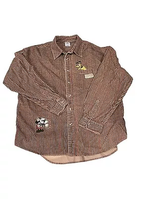 VTG Disney Shirt Men L Button Up Mickey Mouse Pluto Embroidery Brown Outdoor 90s • $34.98