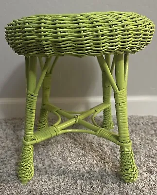 Vintage Boho MCM Wicker Rattan Green Foot Stool/ Table/ Plant Stand • $36