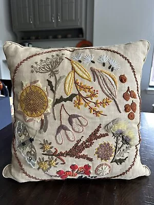 Vintage Crewel Embroidery Floral Harvest Throw Pillow Retro 14”x14” FABULOUS • $29.99