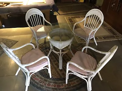 Vtg Bamboo Rattan Dining Table & 4 Chairs Glass Top 42” Across X 28 1/4” Tall  • $750