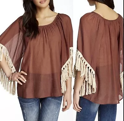 $24.64 • Buy VAVA By Joy Han Shirt Tunic Top Brown Cream Fringe Small Boho Festival
