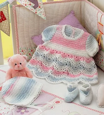 Crochet Pattern- Baby Girl Dress Hat And Booties (6sizes Prem-12M) PO374 • £2.15