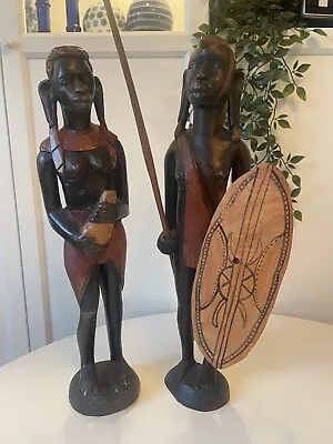 2 X Vintage Hand Carved Tribal Figures Wooden Masai Warrior Statues African 18  • £56.24