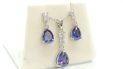 Ladies Sterling 925 Solid Silver Tanzanite & White Sapphire Earring Necklace Set • £54.99