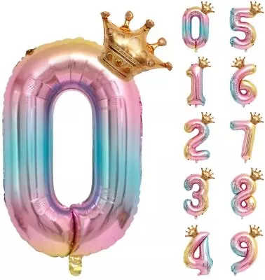 32  Rainbow Number Foil Balloon With Gold Crown Birthday Party Wedding New Year • $2.99