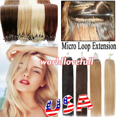 Micro Beads Loop Ring Link Tip Hair Extensions Remy Human Hair Silky Straight 9A • $25.80