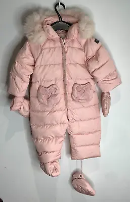 Il Gufo Snow Suit 12 Months Pale Pink Fur Trim Hooded Down Filled Ski Winter 1yr • £159.67