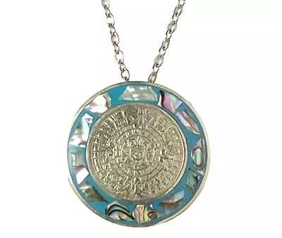 Vintage Mexico Alpaca Abalone & Enamel Aztec Calendar Brooch Pendant Necklace • $15