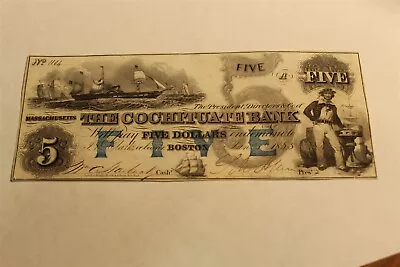 The Cochituate Bank $5 1853 Boston Mass. Obsolete Bank Note Nice Note • $110