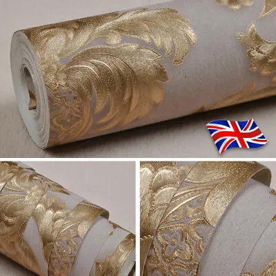 33FT Vintage Luxury Gold Damask Textured Wallpaper Roll Embossed Floral Wall • £11.49