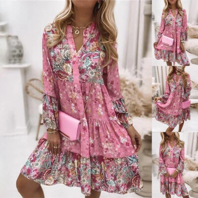 £6.19 • Buy Womens Boho V-Neck Mini Tunic Dress Ladies Summer Casual Sundress Shirt Dresses