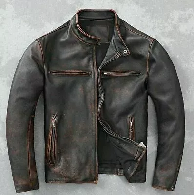 Men’s Motorcycle Biker Vintage Cafe Racer Distressed Brown Real Leather Jacket - • $89.99