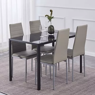 47  Black Tempered Glass Dining Table&4pcs Gray Faux Leather Dining Chairs Set • $199.99