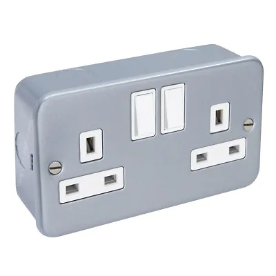 METAL CLAD 13 Amp Double 2 Gang Switched Socket Twin Electrical Wall Plug Socket • £15.29