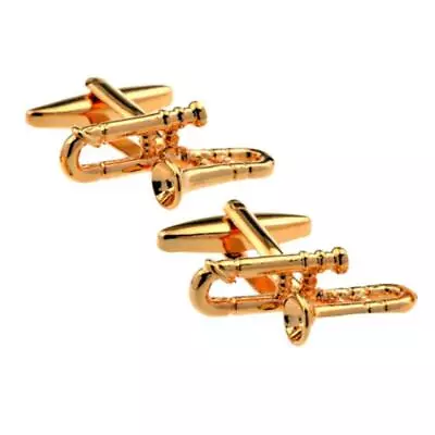 TROMBONE CUFFLINKS Music Horn Player Symphony Jazz Gold Plate W GIFT BAG Wedding • $12.95