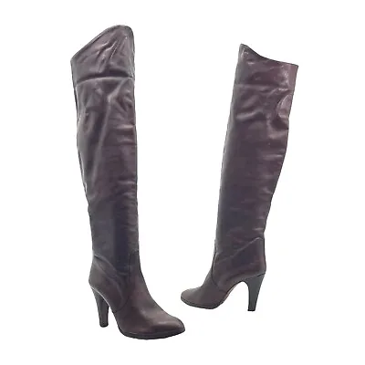 Vintage 70s Womens 7 Leather Over The Knee Thigh High Boots Block Heel BROWN EVC • $124.99