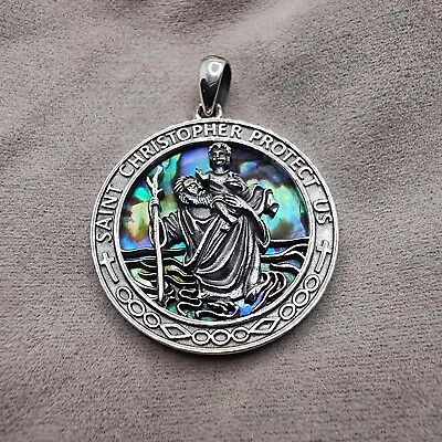 925 Sterling Silver Abalone Shell Saint Christopher Travel Protection Medallion • £52.88