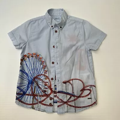 Mayoral Shirt Boys 4 Short Sleeve Button Up Day Off Roller Coaster Blue Cruise + • $22.85