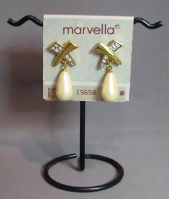 Vtg. Marvella Rhinestone Faux Pearl Dangle Earrings #6283 Gift Box Free Shipping • $20.95