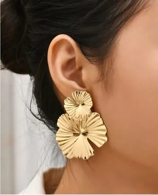 Women's Large Textured Stud Drop Gold Metal Decor Earrings Jewellery Lotus Leaf • £4.49