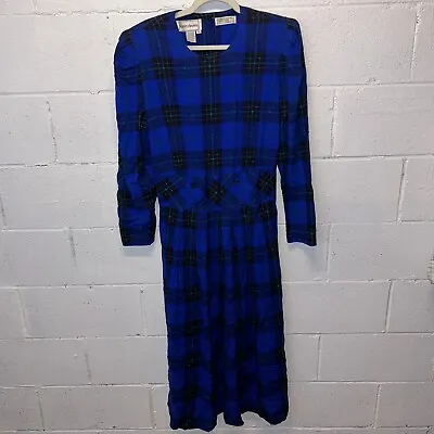 Vintage Karin Stevens 14 Plaid Long Sleeve Blue Teacher Granny Dress • $24.98