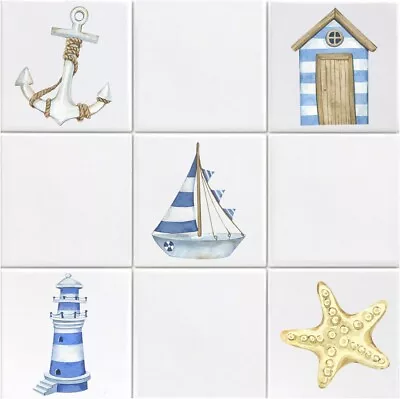 Nautical Watercolour Style Pack Of 15 Vinyl Tile Stickers Bathroom Kitchen • £3.99