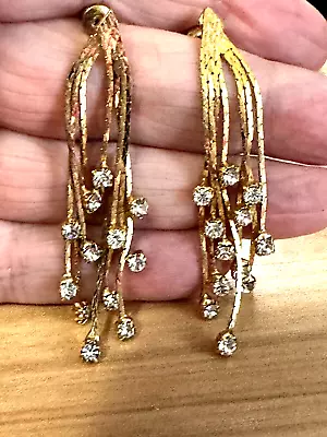 Vtg Earrings Liquid Chain Gold Plate 12 Faceted/Pronged Stone Drop Statement EUC • $19.93