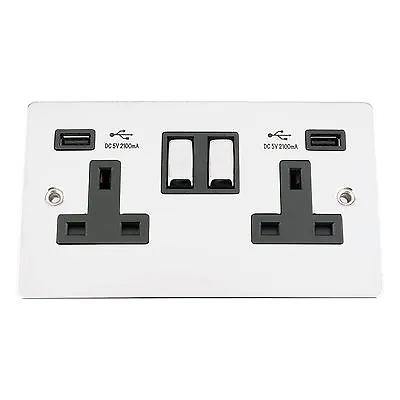 USB Socket 2 Gang - Polished Chrome Flat - Black Insert Metal Rocker • £15.99
