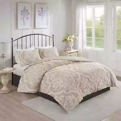 Madison Park Comforter Set Full/Queen 3Piece Tufted Cotton Chenille Damask Taupe • $101.56