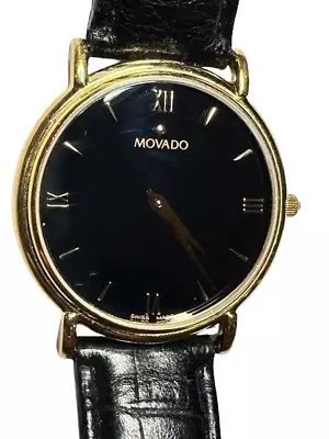 Movado 87-E4-0885 Mens Gold Watch Black Dial Stainless Steel Leather Band • $73