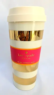 Kate Spade Gold Stripe Coffee Thermal Travel Cup Mug 16 Oz. • $17.99