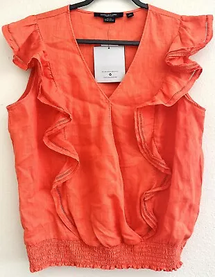 Marc New York Linen Peasant Shirt Top Blouse Boho Tigerlily Coral Orange L Large • $25.68