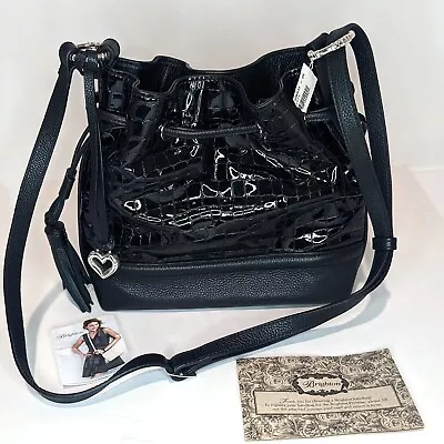 Brighton Cher Christa Black Patent Leather Tasseled Crossbody Bucket Bag New • $225