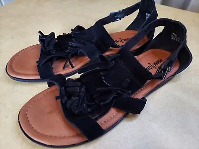 Minnetonka Womens Size 9 Black Leather Sandals 71302 Fringe Ankle Boho Gladiator • $29.99