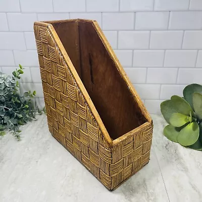 Vintage Pier 1 Import Wood Faux Wicker Woven Desk File Organizer Magazine Holder • $32.99