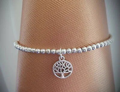 £2.99 • Buy Womens Silver Plated Stretchy Stacking Ball Bead Bracelet Tree Of Life Charm