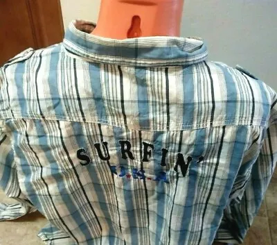 Mens Pearl Snap Shirt 2XL Rockabilly Surfing L S Beach 1990s 2 Paper Denim Plaid • $15.30