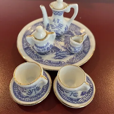 Vintage Miniature Ceramic Tea Set - Blue Willow? Oriental  - Taiwan Free Ship • $19.99