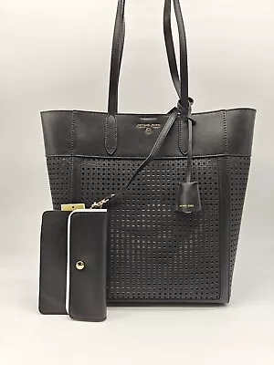 MICHAEL KORS Sinclair Perforated Leather Shopper Tote + Pouch -- 2 PC SET Black • $135.99