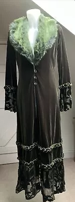 Vintage Olive Green Velvet Maxi Coat Faux Fur Collar Steampunk Victoriana Size10 • £95