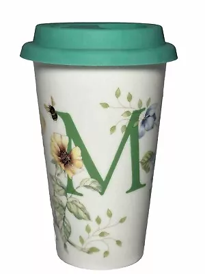 Lenox Butterfly Meadow Letter M Ceramic Thermal Travel Mug Silicone Lid 10oz EUC • £18.99