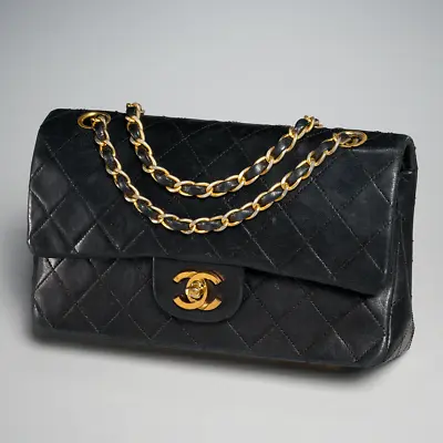 Authentic Vintage Chanel France Quilted Black Lambskin Double Flap Handbag Small • $4800