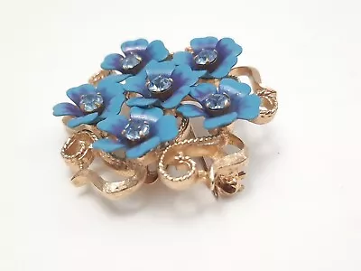 Vintage Avon Brooch Blue Enamel Rhinestone Flower Cluster Pin Pendant Gold Tone • $14