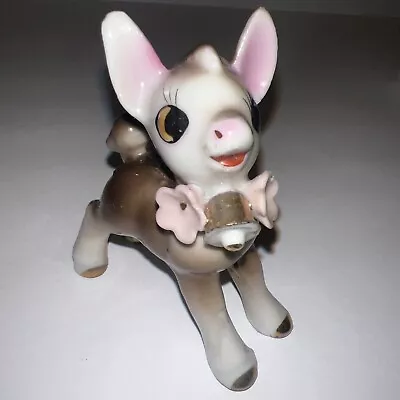 Rare Vintage Donkey Figurine Big Eyes Pink Flowers Gold Bell Japan 1950s • $49.95