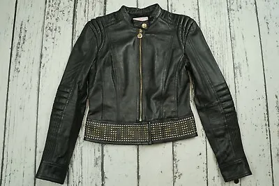 VERSACE For H&M Black Biker Gold Studded Zipper Leather Jacket EUR 36 US 6 US6 • $320