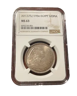 Egypt 1956 Silver 20 Piastres NGC MS63 Sphinx • $75