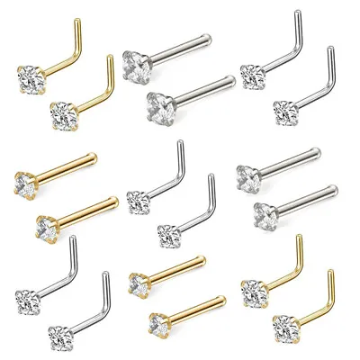 Pair 1.5-3mm Stainless Gold Tone Clear CZ 18G 20G L Shaped Bone Nose Rings Stud • $5.95